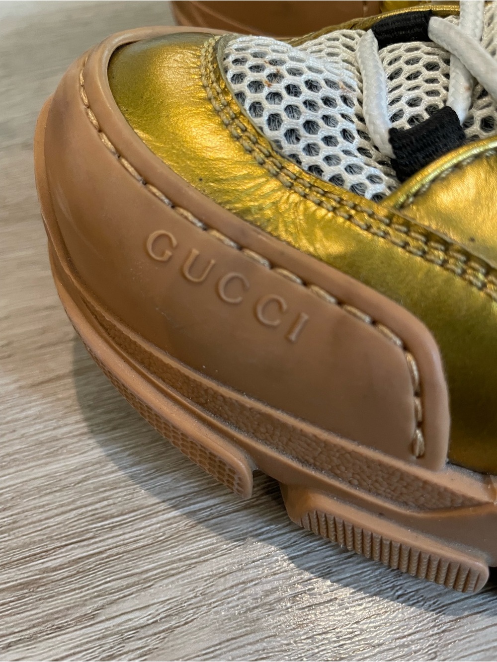 Gucci Metallic Gold, White & Tan Mesh Athletic Sneakers - Picture 6 of 13